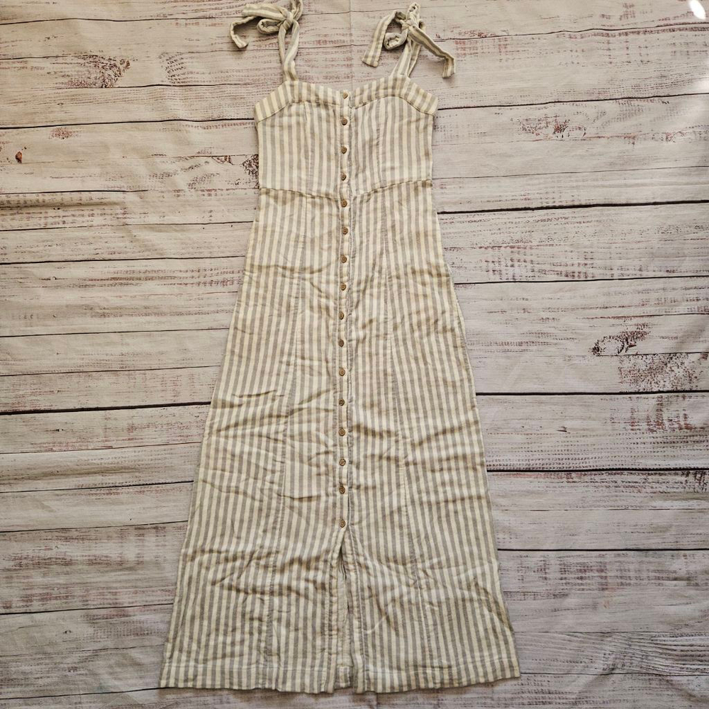 Faherty Dream Cotton Organic Striped Neutral Tie Sleeve Midi Dress Womens XS